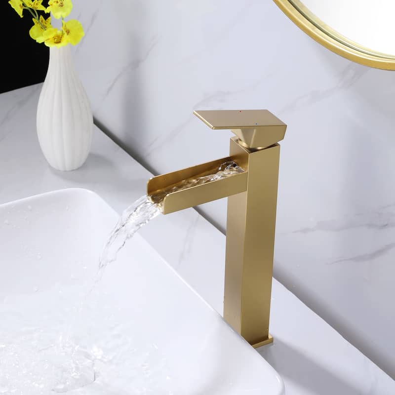 Single Handle Bathroom Vessel Faucet Brushed Gold Bathroom Sink Vessel Faucet One Holes Modern Tall High Basin Vanity Taps