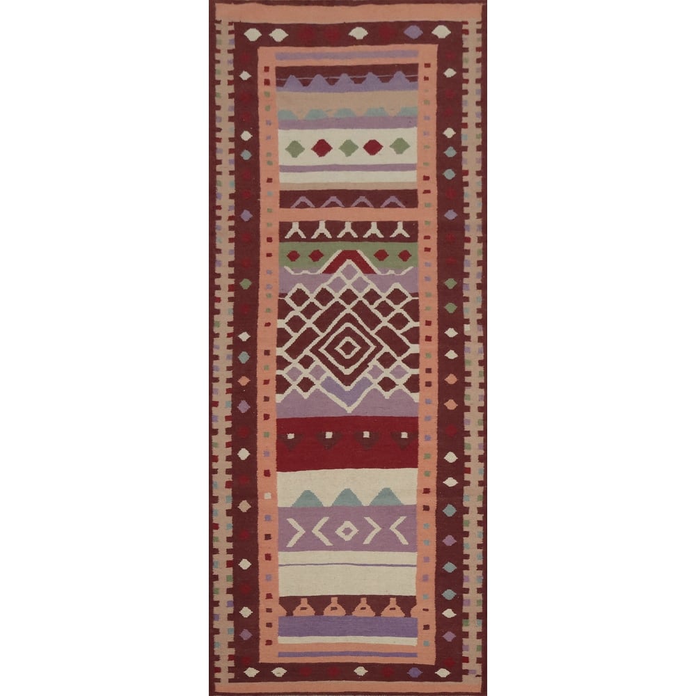 Hand Woven Oriental 100% Wool Carpet Southwestern Tribal Multi-Colored Kilim Runner Rug - 9' 10'' X 3' 2''