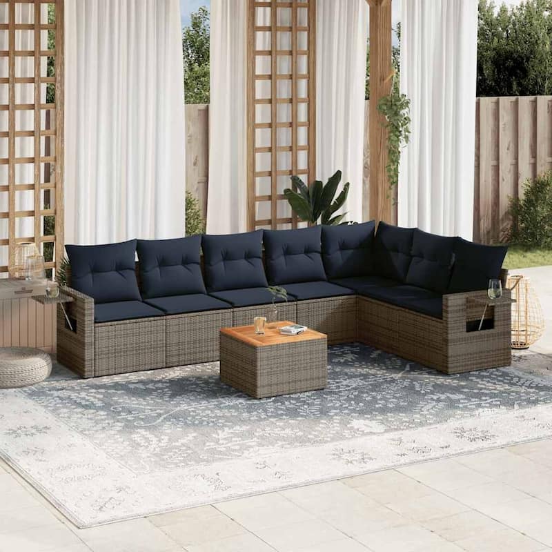vidaXL 8 Piece Patio Sofa Set with Cushions Black Poly Rattan - 24.4" x 24.4" x 27.2" - Grey and blue