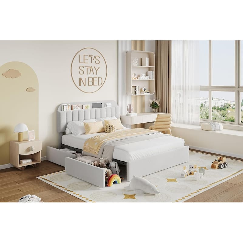 Bed Frame with 2 Drawers, Boucle Upholstered