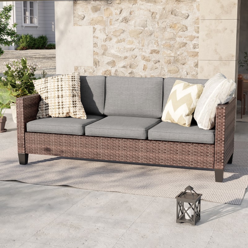 Livoosun Patio Outdoor Couch,3-Seater Furniture with Removable Cushion - Brown/Grey