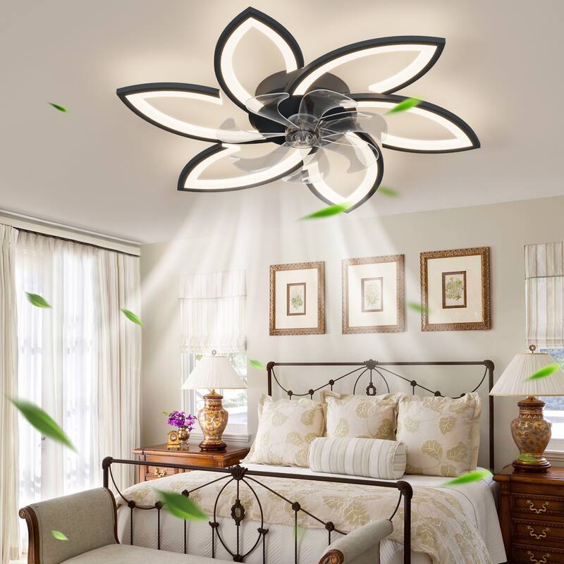 Indoor Flush Mount Ceiling Fan with Flower Shaped LED Light and Remote Control, Reversible Inverter Silent Copper Core Motor