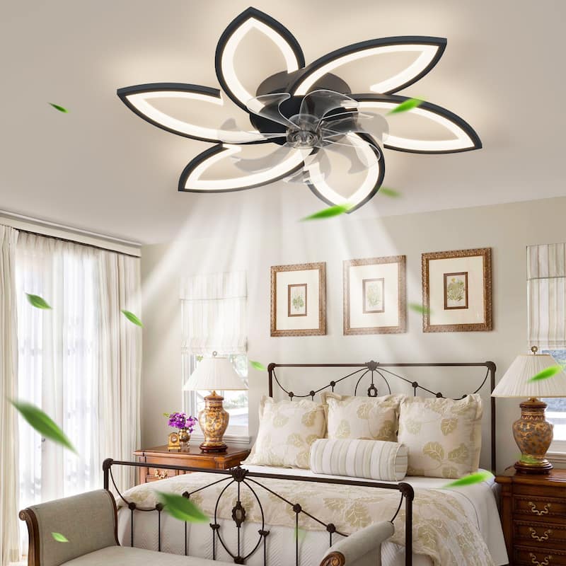 Remote Control Flower Ceiling Fan with LED Light & Reversible DC Motor, Flush Mount Ceiling Fan with Dimmable Color Light
