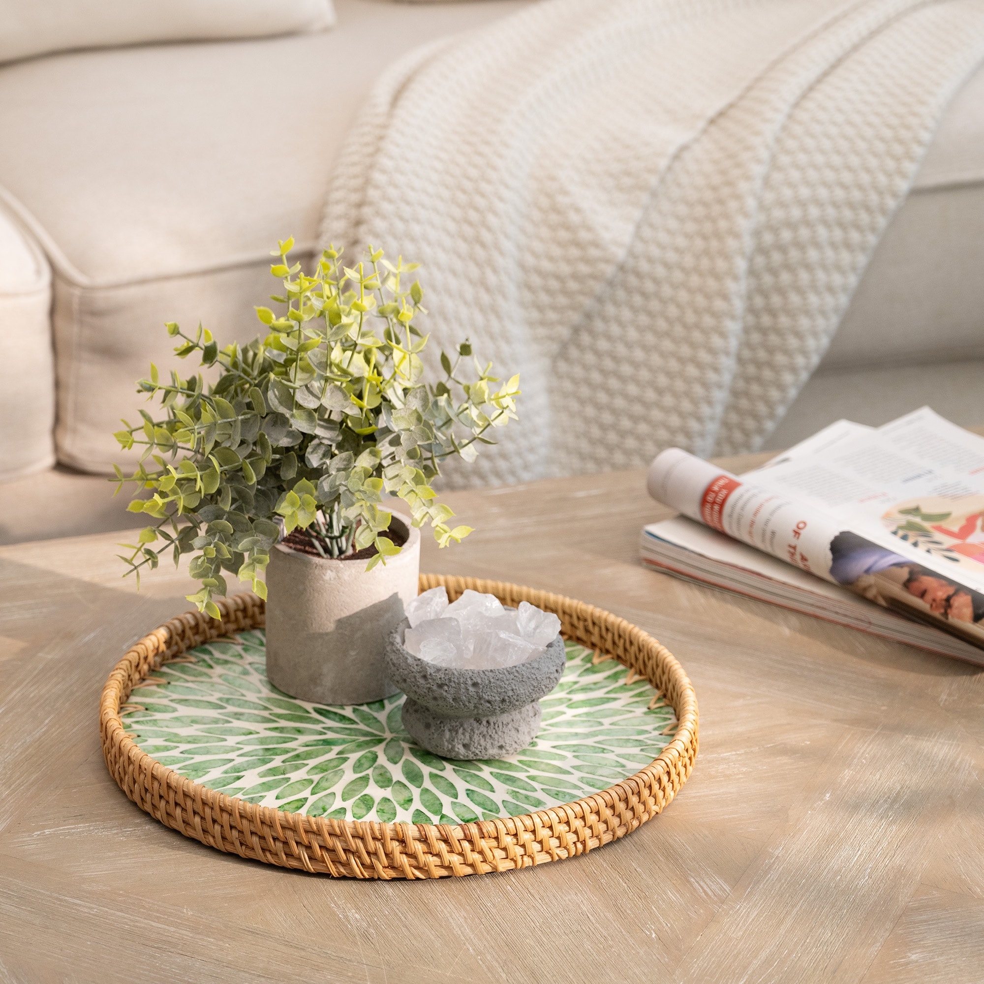 Decorative Round Coffee Table Tray, Mother of Pearl Inlay Tray, Ratten Serving Tray for Kitchen Counter, Living Room and Ottoman