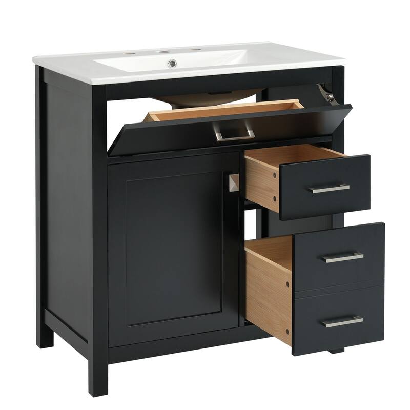 Modern 30-Inch Bathroom Vanity with Undermount Ceramic Sink, Solid Wood Frame, Adjustable Shelf & Storage Drawers