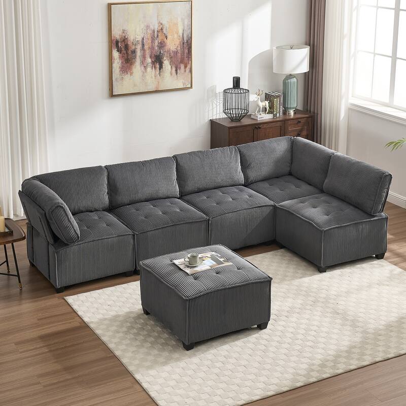 121.26" Corduroy Modular Sectional Sofa 6- Seat U Shaped Couch with Reversible Chaise and Ottoman