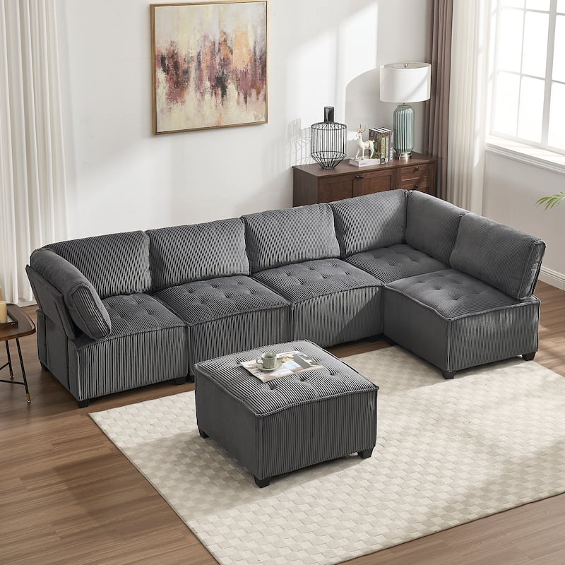 Ergonomic Lounge Modular Couch Corduroy Sectional Sofa with Deep Seat Ottoman Chaise and High-Rebound Thick Cushions