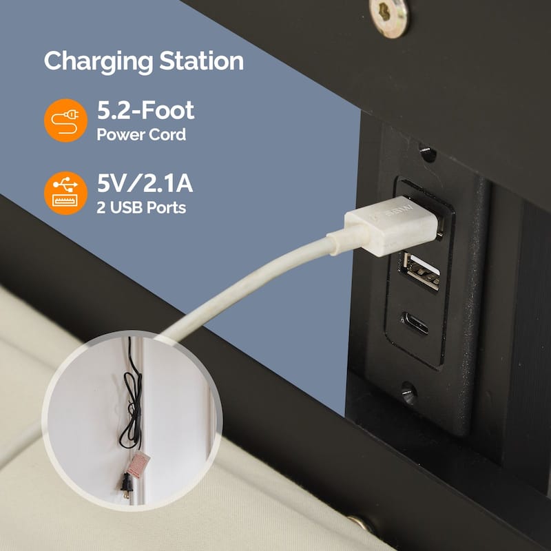 Solid Wood Loft Bed with USB Charging Station/LED with Flat Rungs,No Box Spring Needed
