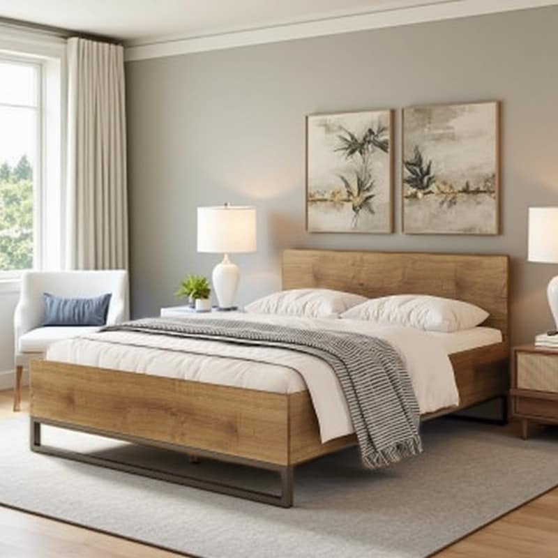 Queen Engineered Wood Bed Frame with Natural Wood & Black Accents, Modern Two-Tone Headboard Design