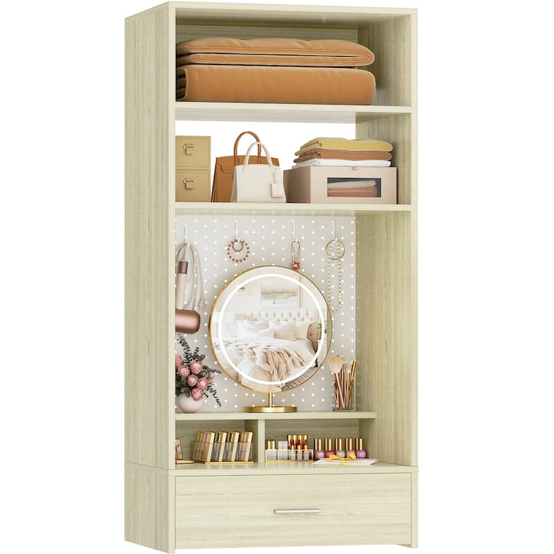 25'' W Hanging Closet System with Vanity Desk, Closet Organizer with Wood Drawer and Storage Shelves and Magnetic Pegboard