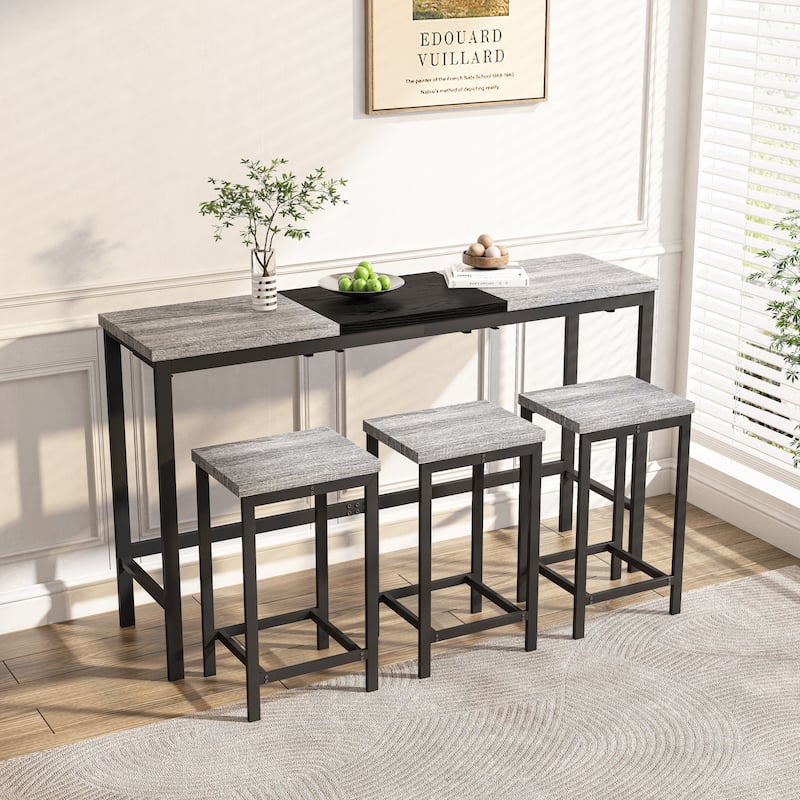 Modern Design Kitchen Dining Table, Pub Table, Long Dining Table Set with 3 Stools, Convenient Hanging Stool Design