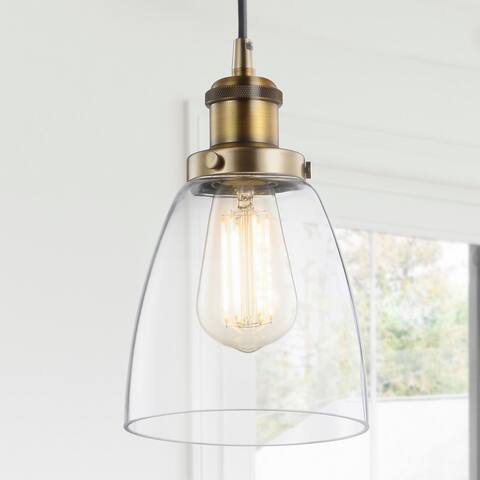 Cleo 5.5" Adjustable Metal/Glass LED Pendant, Brass Gold by JONATHAN Y