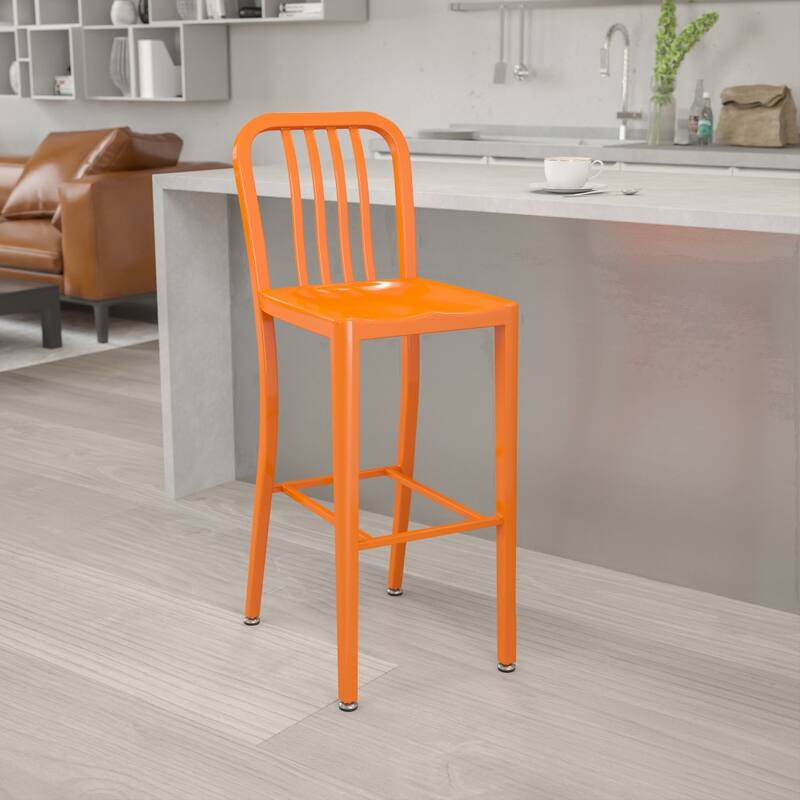 30'' High Metal Indoor-Outdoor Barstool with Vertical Slat Back - Orange