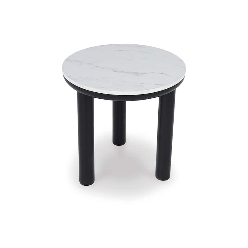 Dae 3pc Coffee and End Table Set, Round White Faux Marble, Black