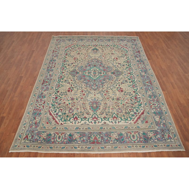 Hand Knotted Oriental 100% Wool Carpet Traditional Floral Beige & Ivories Tabriz Area Rug - 10' 9'' X 8' 0''