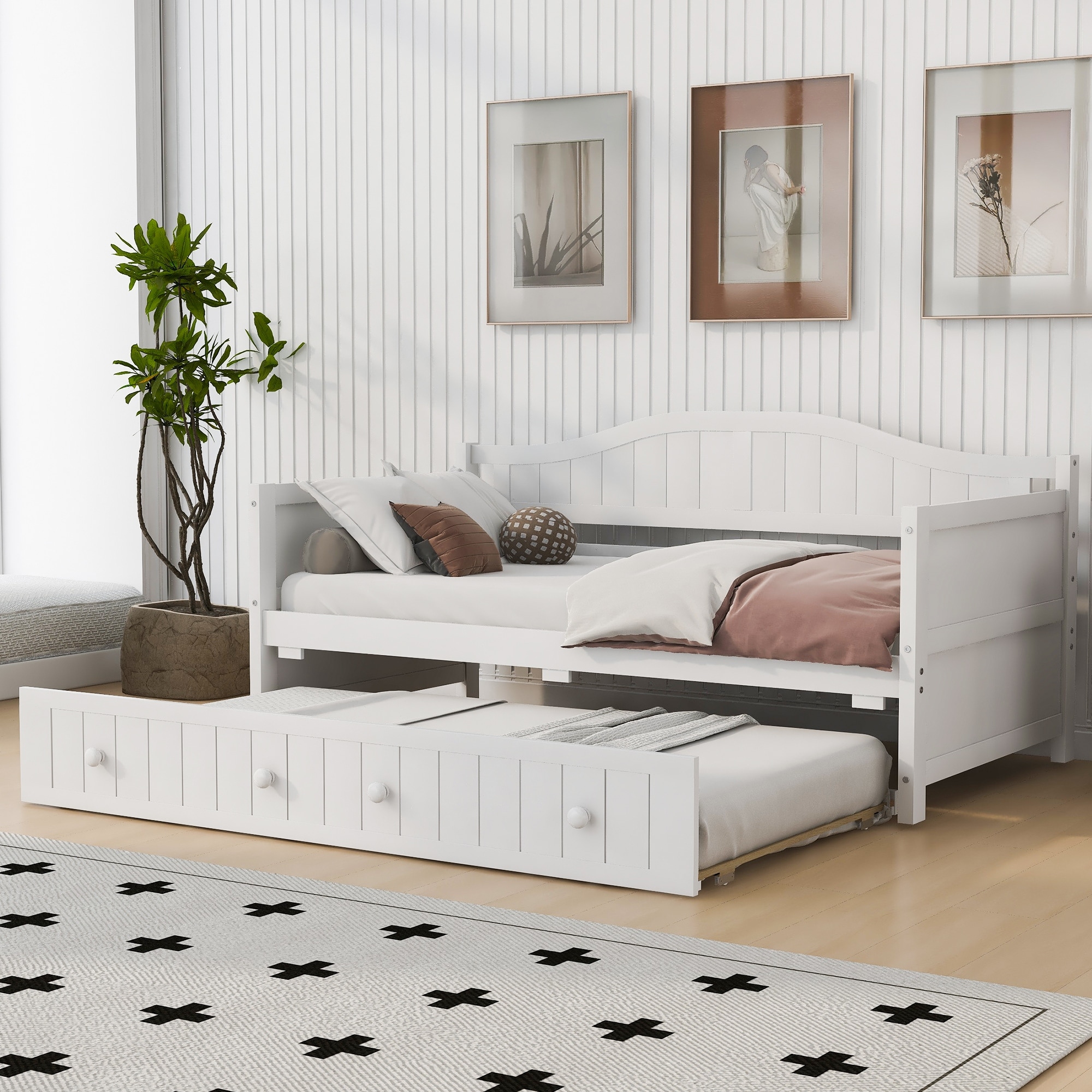 Roomfitters Wooden Twin Daybed with Trundle Bed Cottage Style Solid Pine White