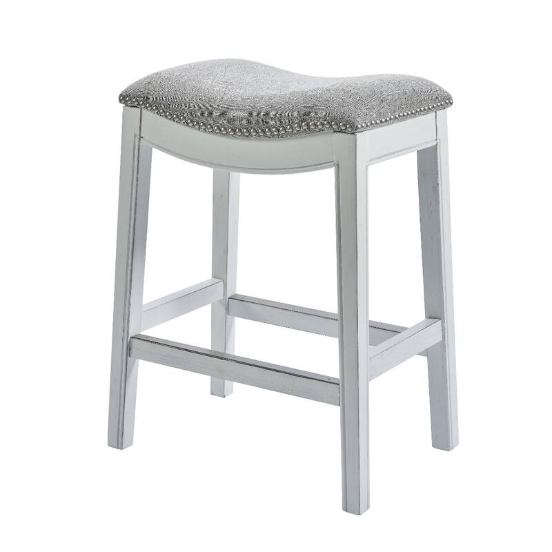 Linen Saddle Seat Bar Stool with Nail Head Trim and Footrest - Grey and White-25.7-Inch