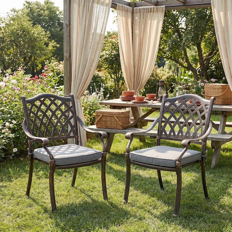 Outdoor Dining Chairs Bronze Cast Aluminum French European Inspired Design with Cushion Set of 2