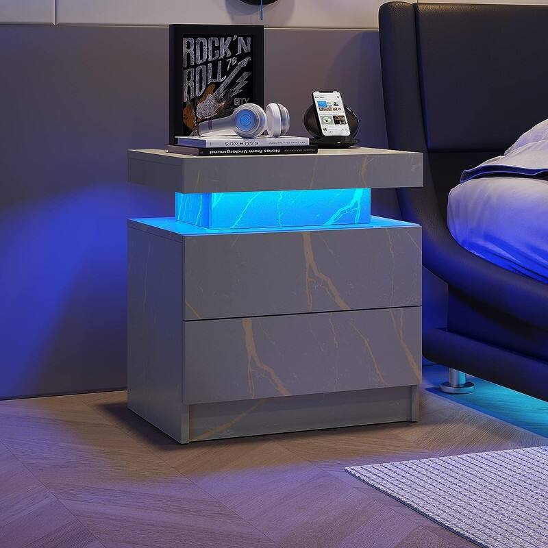 Nightstand LED Bedside Table Cabinet Lights Modern End Side with 2 Drawers for Bedroom