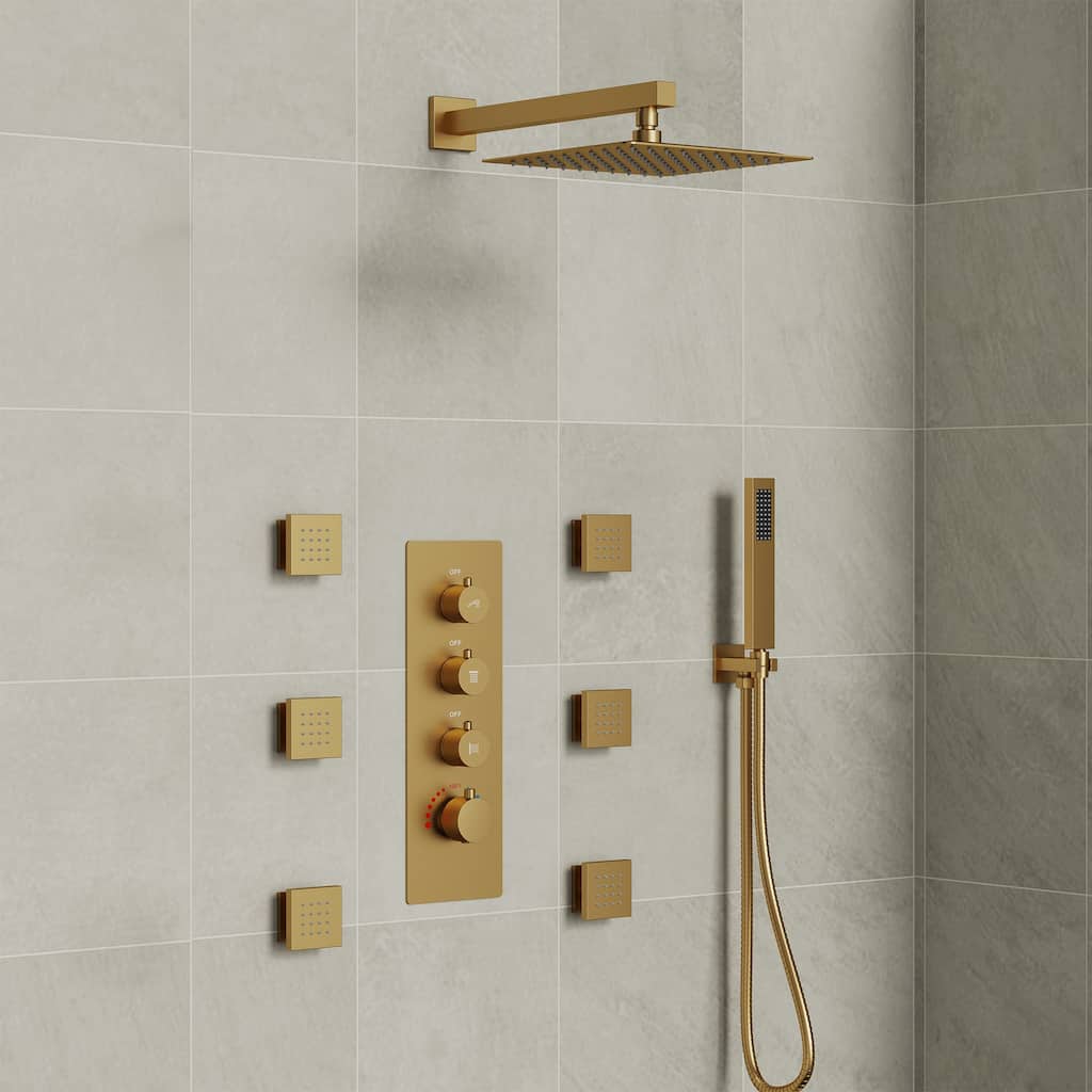 Thermostatic Shower System 12" Rain Shower Head with High Pressure Handheld Spray