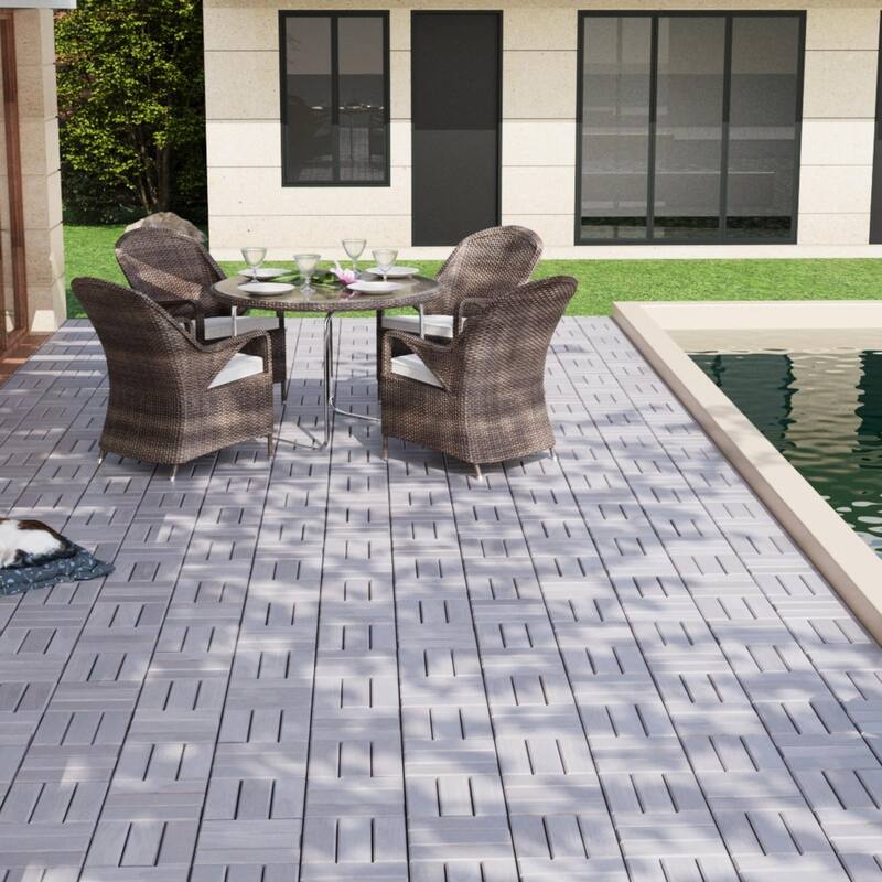 10 PCS Interlocking Deck Tiles Checker Pattern, 12" x 12" Square Acacia Hardwood Outdoor Flooring for Patio,Bancony,Pool Side