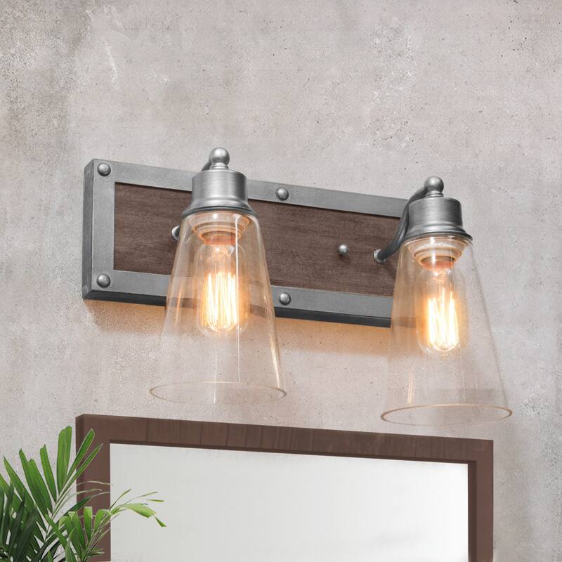 Farmhouse 2-Light Wood Wall Sconce Bathroom Vanity Light - Silver