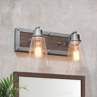 Farmhouse 2-Light Wood Wall Sconce Rustic Bathroom Vanity Light - Silver
