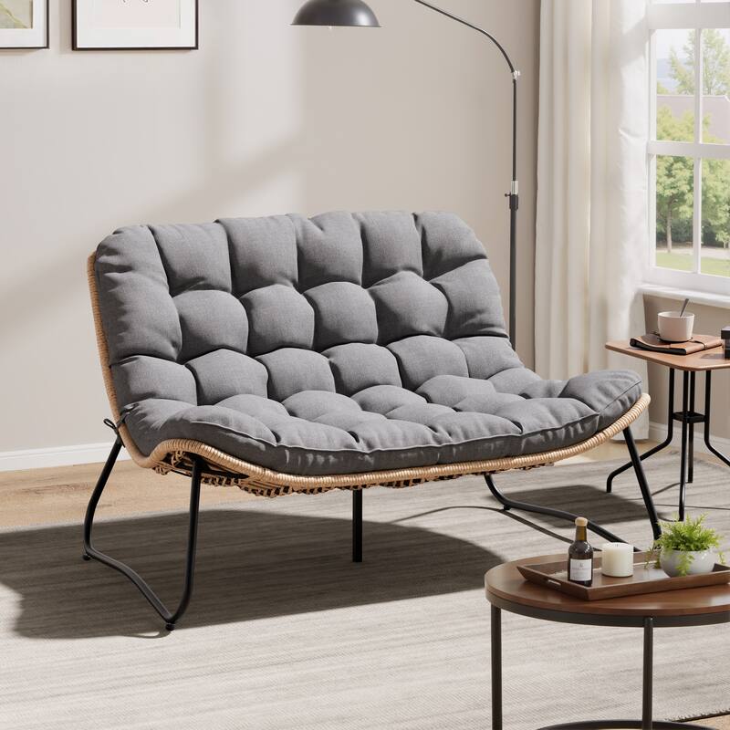Double Papasan Chair Loveseat Oversized PE Rattan Chair with Cushion - Dark Grey