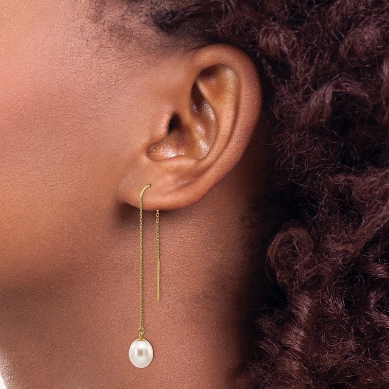 Curata 14k Yellow Gold 7-8mm White Freshwater Cultured Rice Pearl Dangle Threader Earrings (56mm)