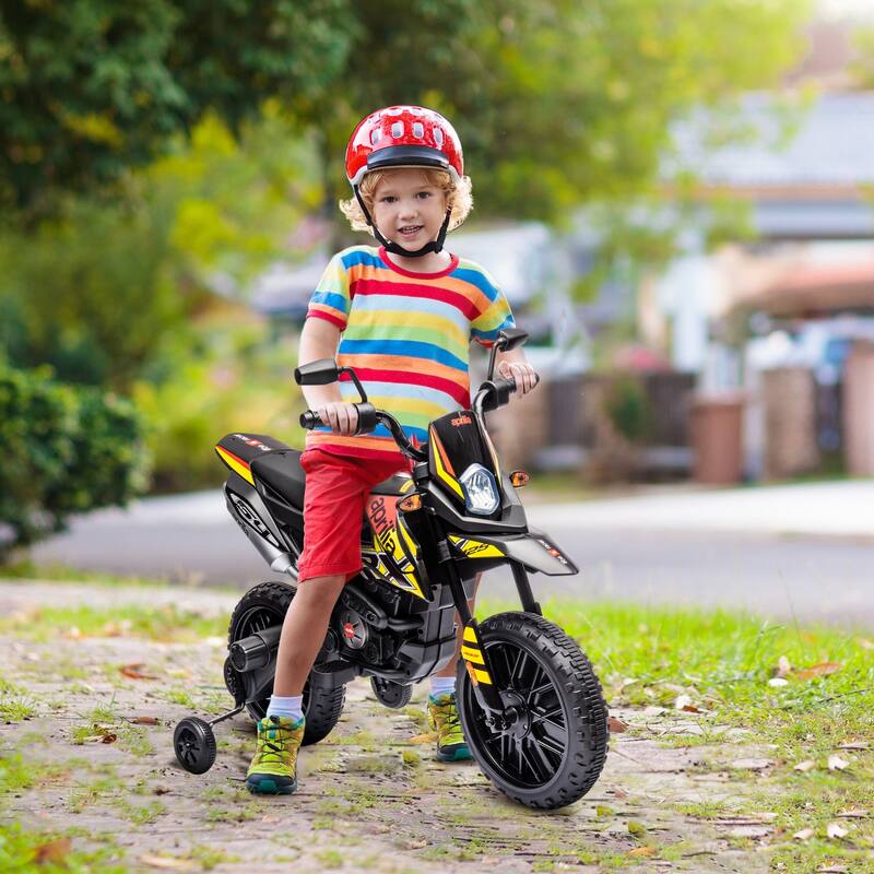 Aprilia Licensed 12V Kids Electric Dirt Bike with Training Wheels, Music, USB Port, and Headlight