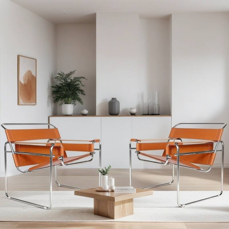 Momei Mid-Century Modern Saddle Leather Accent Chair with Stainless Steel Chair Leg