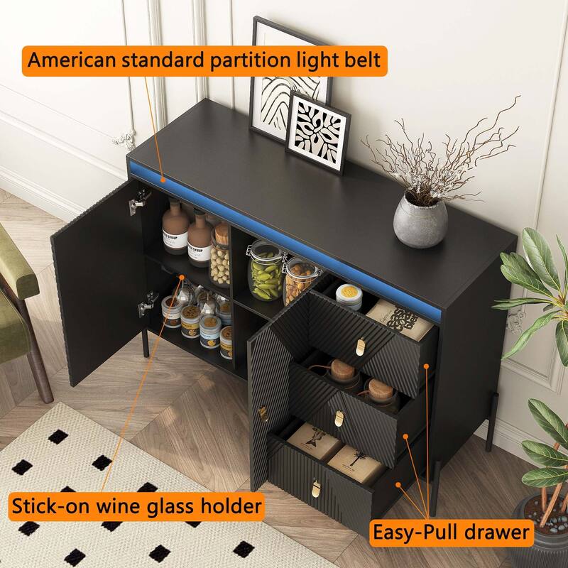 Fluted Sideboard Cabinet with LED Lights, 2 Doors & 3 Drawers, Black Buffet/Sideboard - 3 Doors + 3 Drawers