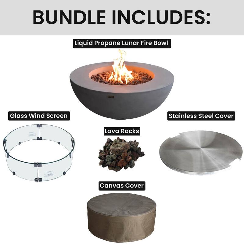 Elementi Lunar Bowl Fire Pit Bundle Outdoor Firepit Set - 42” L x 42” W x 16” H