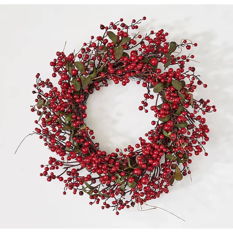 22" Artificial Christmas Red Holly Berry and Green Leaves Wreath on Natural Twig Base