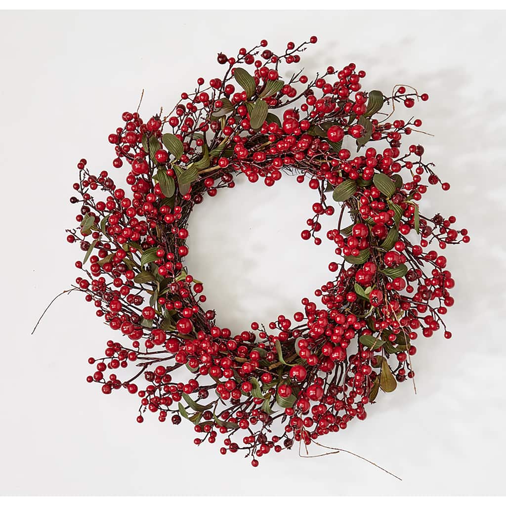 22" Artificial Christmas Red Holly Berry and Green Leaves Wreath on Natural Twig Base