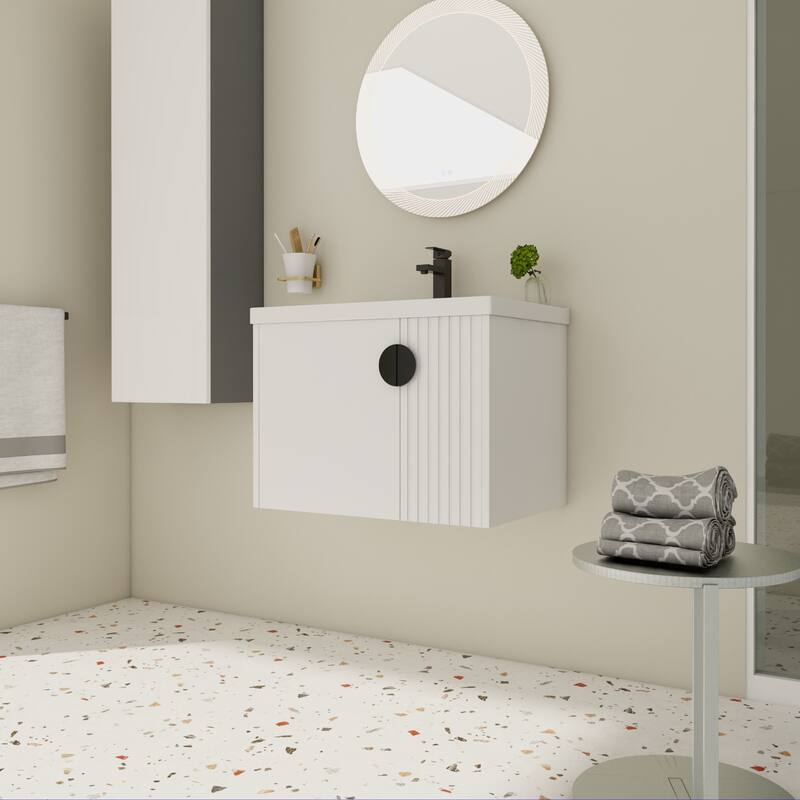 Wall-Mounted Bathroom Vanity with Ceramic Sink, Soft-Close Doors, Unique 3D Wave Design, and Metal Handles - 27.75in L Plywood