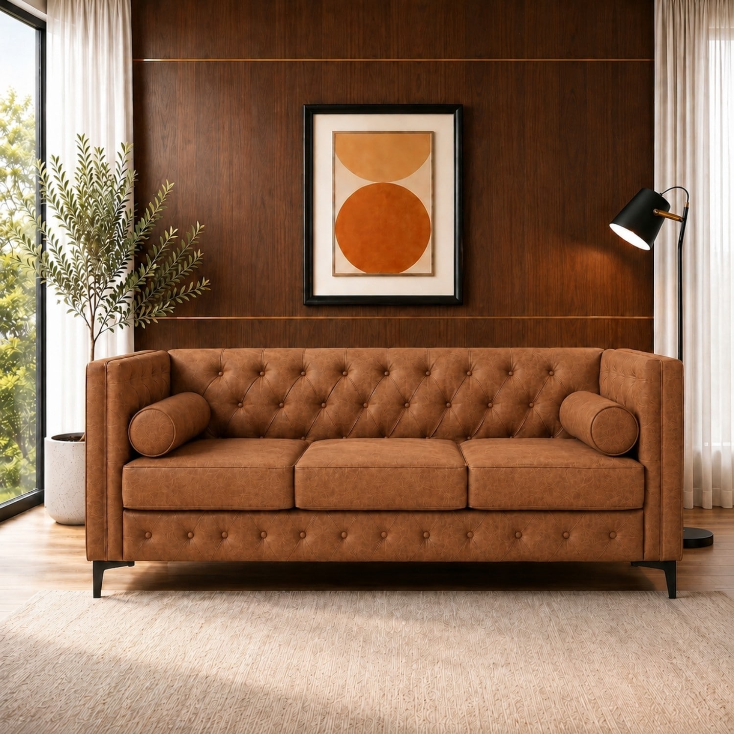 78.5" Faux Leather Sofa with Button Tufted Design and Cylindrical Pillows