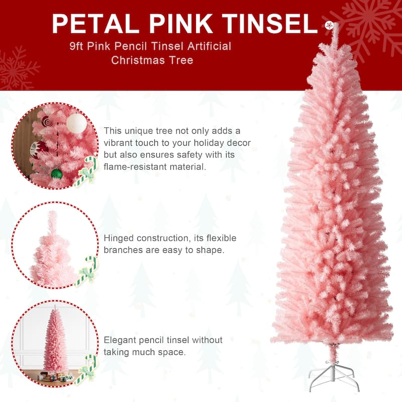 Glitzhome 7.5ft/9ft Shimmering Tinsel Pink Slim Pencil Fir Artificial Christmas Trees