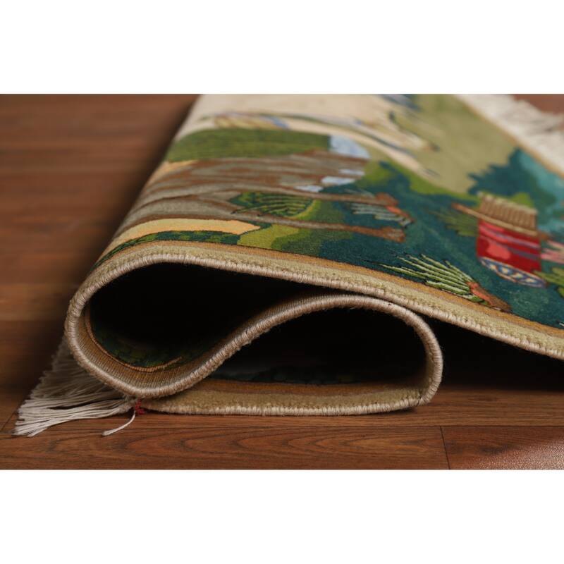 Hand Knotted Oriental 100% Wool Carpet Traditional Pictorial Multi-Colored Tabriz Area Rug - 4' 3'' X 3' 2''