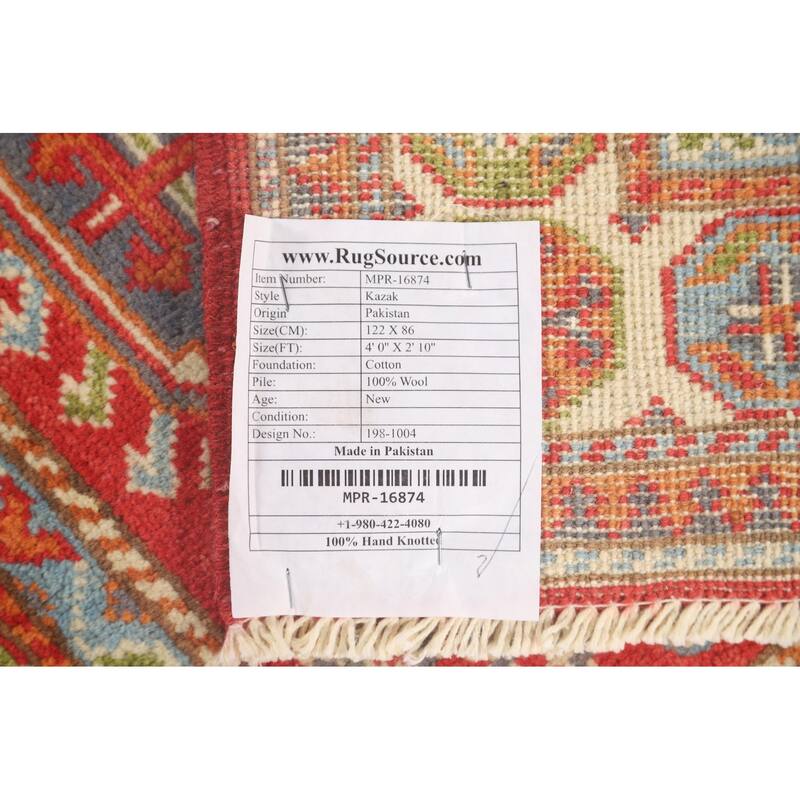 Geometric Kazak Accent Rug Handmade Wool Carpet - 2'10" x 4'0"