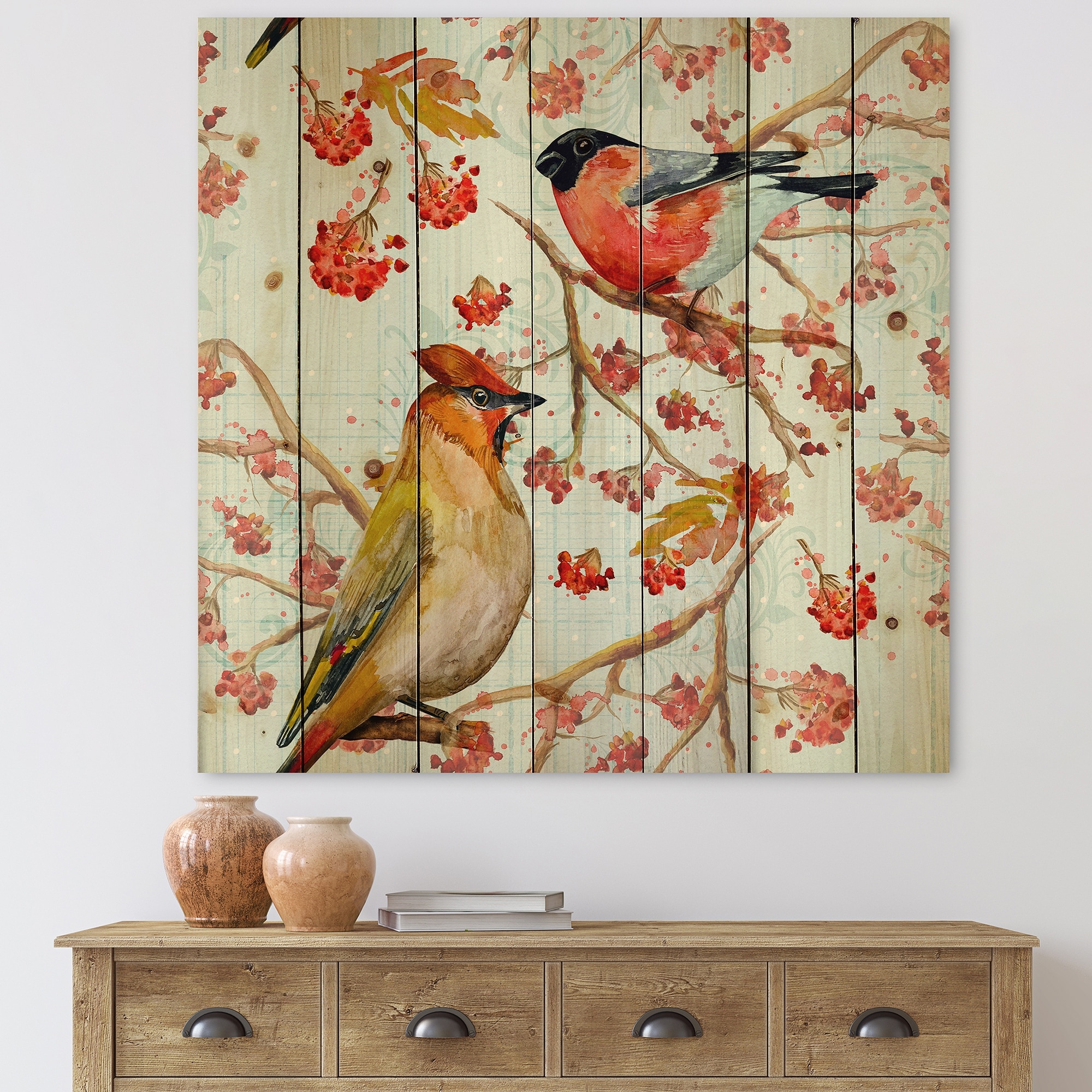 Designart 'Two Birds On Branches During Autumn' Traditional Print on Natural Pine Wood