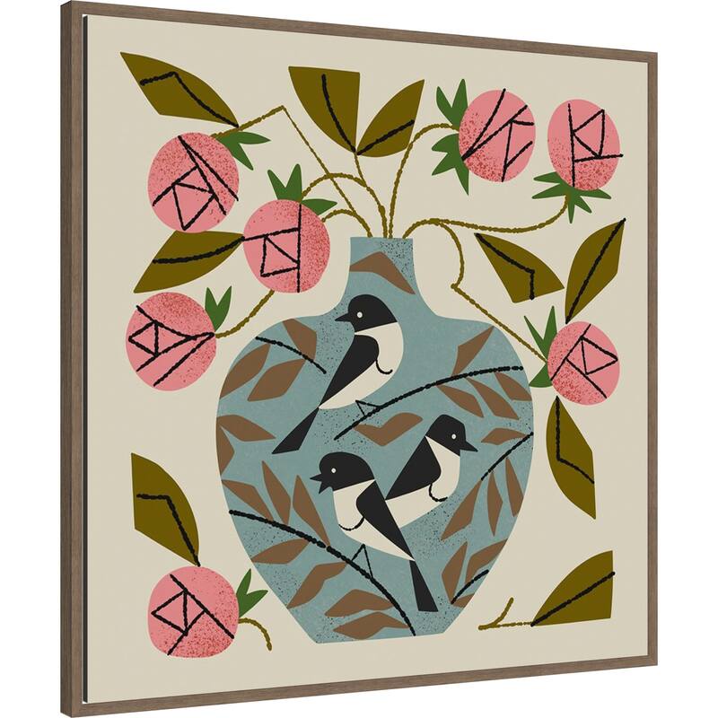 Three Bird Rose Vase by Renea l. Thull Framed Canvas Wall Art Print