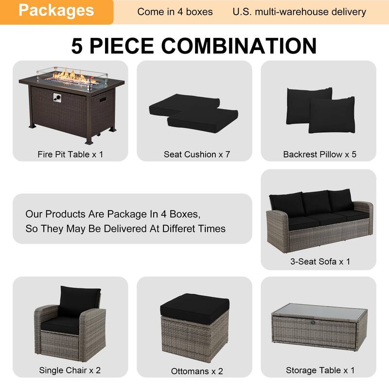 6-Piece Rattan Patio Set with Fire Pit Table, Outdoor Conversation Set with Cushions, Weather-Resistant Sofa Sectional