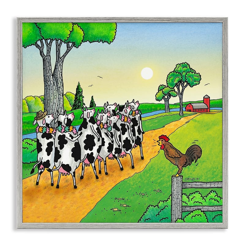 Stupell Funny Cows Come Home Framed Giclee Art Design By Roger Straub - 17 x 17 - Grey