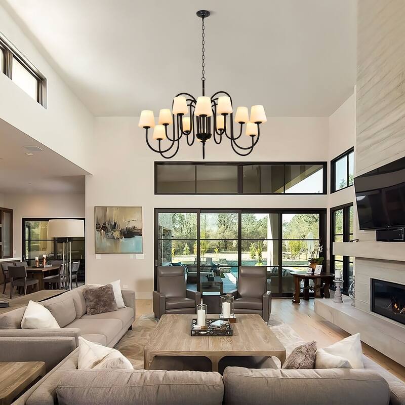 12-Lights Vintage Industrial Style Black Iron Chandelier - Matte Black
