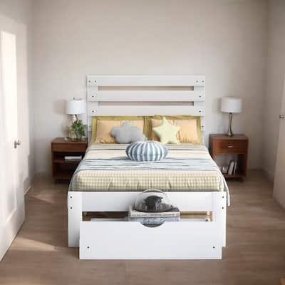 Twin Size Wooden Storage Platform Bed with Cut-out Headboard and 2 Drawers
