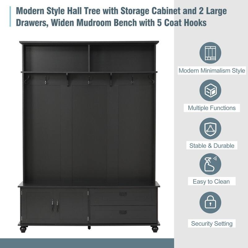 59"W Hall Tree Bench with 5 Coat Hooks,Storage Cabinet and 2 Large Drawers
