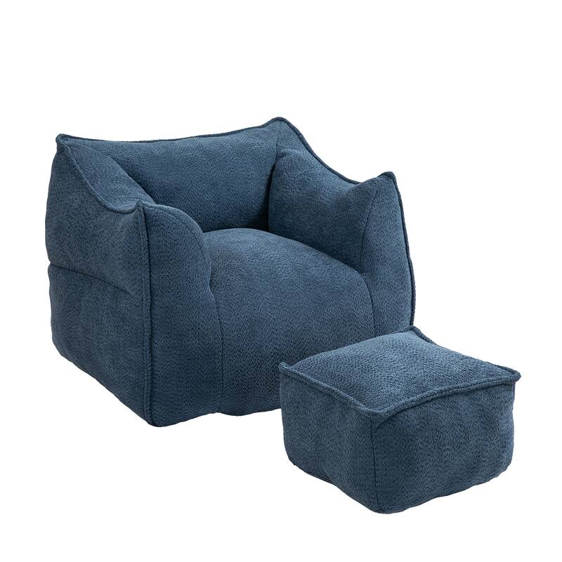 Boucle Upholstered Deep Seat Armless Square Bean Bag Chair with Ottoman