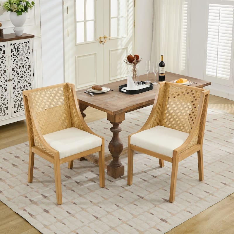 GDF Studio - Charlotte Rustic Rattan Dining Chair with Decorative Armrests and Linen Upholstery