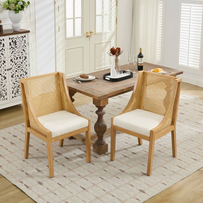 Rattan Dining Chairs, Solid Wood Frame with Decorative Armrests, Linen Upholstered Seat, Wooden Style Side Chairs,Single Pack